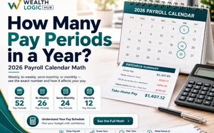 Payroll calendar illustration showing weekly, bi-weekly, semi-monthly, and monthly pay periods in a year with a paycheck summary and calculator.